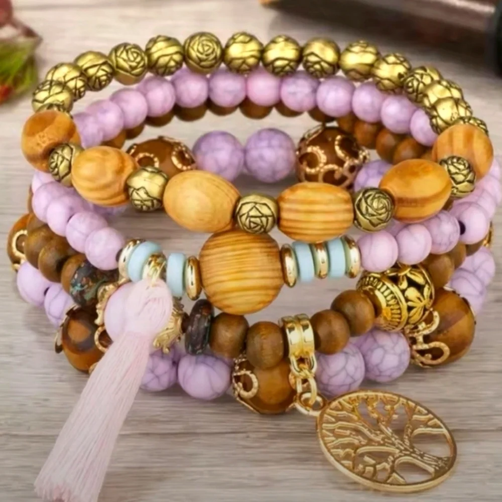 Beaded Boho Stackable Bracelet Set with Wood and Gold Accents, Tree Of Life